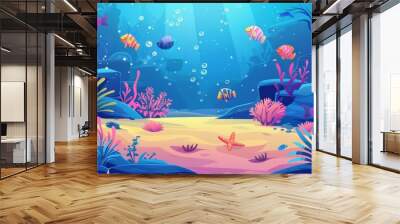 Sea life cartoon modern background with fish, coral, sand, seaweed, and seaweed. Wall mural