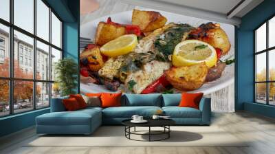 Seared fish fillet with roasted vegetables. Wall mural