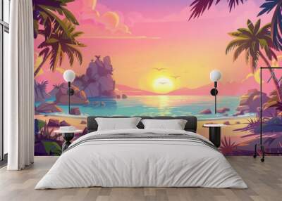 Seaside beach with palm trees and stones in the water at sunset, modern illustration of summer tropical landscape with sand shore, rocks, pink sky and sun. Wall mural