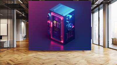 Server racks and digital safe for secure information storage, protection against hacks, attacks, and the theft of personal data, isometric concept illustration. Wall mural