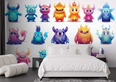 Set of cute cartoon monsters, alien characters, strange animals or Halloween creatures with toothed smiling muzzles, horns, fur, and many eyes. Fast animation with modern illustrations. Wall mural