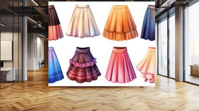 Set of different skirts for women modern illustrations. Collection of cartoon drawings of woman clothes, long and mini skirts of different colors isolated on a white background. Clothing, fashion Wall mural