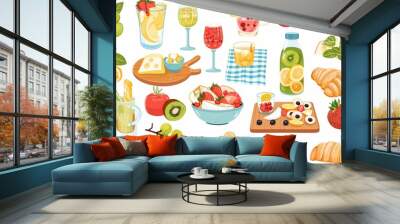 Set of picnic food illustrations. Summer snacks and drinks. Fruits on tray, cheese on board, lemonade, juice, alcohol cocktail, croissant for eating outdoors. Flat modern illustrations isolated on Wall mural