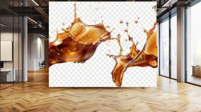 Set of realistic liquid waves of falling and flowing brown water, whiskey or beer with drops and swirls on transparent background. Wall mural