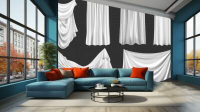 Set of realistic white curtains hanging isolated on transparent background. Modern illustration of silk fabric sheets, veil fluttering in the wind. Home textile, light drapery, interior design Wall mural