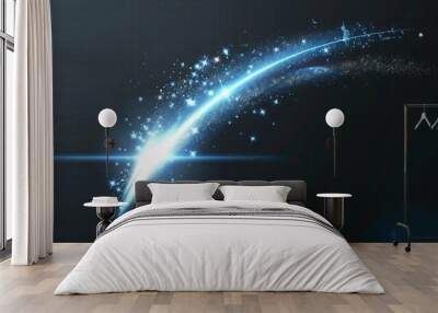 Shooting star arc light with magic neon curve. Glitter flare arch line trail. Blue dust sparkle glows from meteor flying at night. Twinkle burst transparent element motion isolated tail set. Wall mural