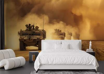 Silhouette of armored vehicle with soldiers ready to attack. Army war concept. Wall mural