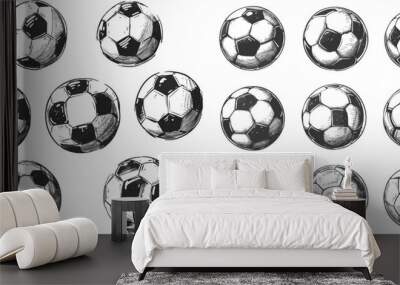 Sketch soccer balls. Hand drawn flying association football ball Wall mural