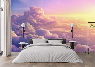 Sky, pink heaven background with fluffy clouds in white and lilac. Abstract vivid fantasy background, 3D modern illustration. Wall mural