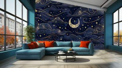 Sky seamless pattern with a human face on a crescent moon. Linear illustrations. Heavenly illustrations for modern decor. Wall mural