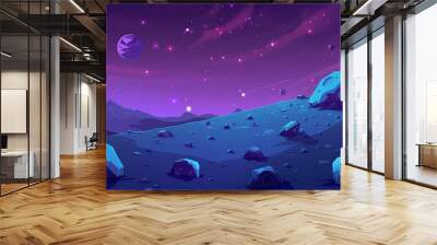 Space universe background with planet. Galaxy illustration for game user interface. Modern space landscape with stars. Cosmic surface for computer world adventure level. Wall mural