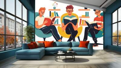 Students with books, sitting in a chair reading a textbook or a novel. Modern flat illustration of teenagers reading books. Wall mural