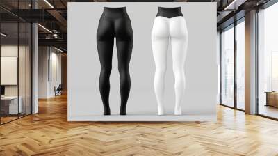 Stunning 3d modern tight pants and sleeveless tank top mockup. Avd white black female apparel realistic template front and back view. Girls summer garment, isolated outfit design mockup. Wall mural