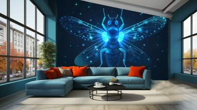 Summer insect design floating burst illustration with blue firefly light at night modern effect. Magic bug glow with sparkle and tiny glitter particles. Firebug overlay texture. Wall mural