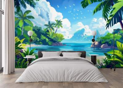 Summer island landscape with silhouettes of rainforest trees, lianas, and grass on a tropical sea beach with jungle plants in the water. Modern cartoon panorama with jungle plants in the water. Wall mural