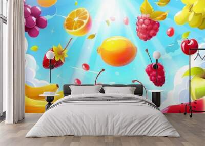 Summer juicy lemon, red currant, apple, cherry and grapes, watermelon, banana, raspberry and pear flying. Healthy food advertising, store and shop modern banner. Wall mural