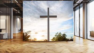 Sunlight bursts behind a mountain top cross of Jesus during golden hour at sunrise on Easter Morning 02 Wall mural