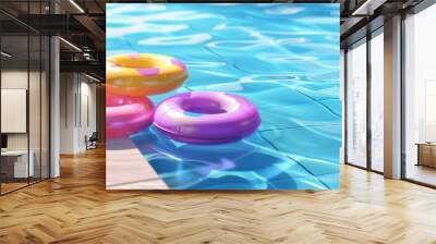 Swimming pool with colorful inflatable rings floating on clean water surface over tiled floor, hotel, summer vacation background design, banner template realistic 3D modern illustration Wall mural