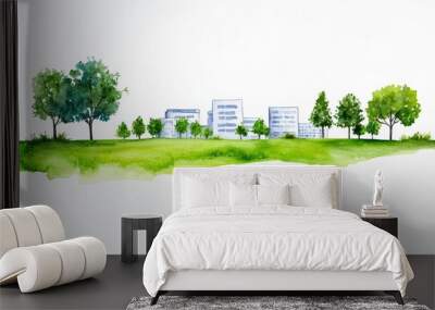 Symbolizing environmental responsibility, a green corporate campus is illustrated. Wall mural