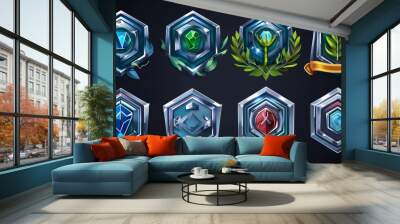 Symbols of winners trophy or prize isolated on background, silver award badges, hexagon labels for winning a game. Modern cartoon icons of steel buttons with ribbons and leaves. Wall mural