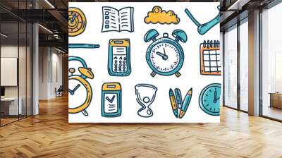 Symbols of work organization with clock, hourglass, clock, phone, checklist, and target. Modern hand drawn symbols on white background with clock, gear, and calendar. Wall mural