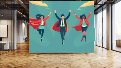 Taking business success to another level, teamwork or unity, superpower to grow business fast, strength of team support concept, business people team members flying high in the air. Wall mural