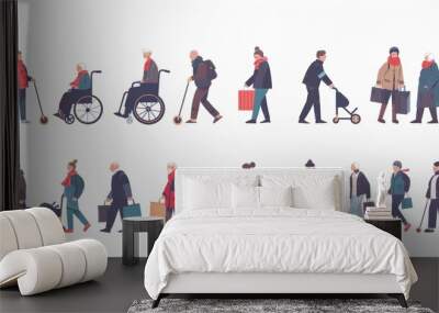 Taking care of elderly relatives in wheelchairs, walking with them, going shopping with them and riding them in a wheelchair. Cartoon illustration set of volunteer youths helping elders with Wall mural