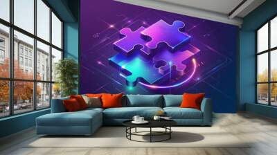 Teamwork, cooperation, partnership, and trust concept modern. Color puzzle elements on ultraviolet background with glowing blue neon ring. Wall mural