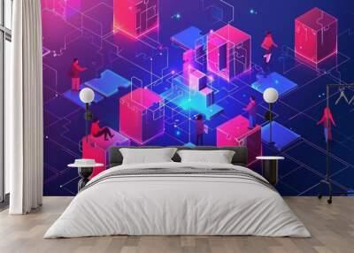 Teamwork isometric landing page. Team of business professionals assembling puzzle pieces. Business collaboration concept 3d modern line art web banner. Wall mural