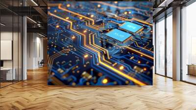 Technology circuit board glowing with intricate blue and golden lines and rectangular microchips. Circuit technology illuminated. Wall mural