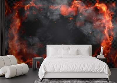 The 3D modern illustration illustrates realistic smoke with fire glow or sparks border, glowing red shining flare with black steam, isolated on transparent background. Wall mural