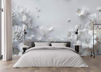 The 3D render, digital illustration, and wallpaper consisting of white paper flowers is a spring summer background with floral elements. Wall mural