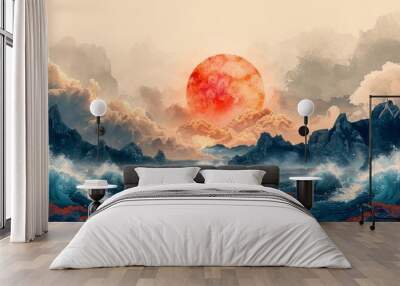 The abstract landscape has a Japanese wave pattern modern as the background. The background has Chinese ocean waves and clouds in an Oriental setting. Wall mural