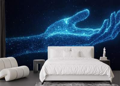 The background of this banner or poster is abstract digital wave dots with a gradient color and hand shape technology concept. Wall mural