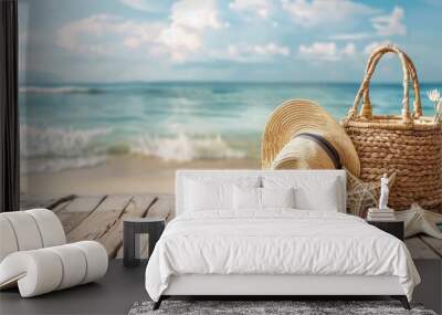 The beach bag with accessories is on the shore of the sea - summer and seaside Wall mural