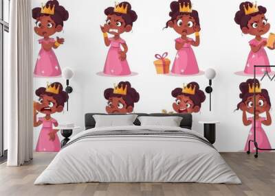 The cartoon black princess girl character expression set features designs of a little kid queen in a pink dress costume and crown, frightened, reading, sad, and smiling. The cartoon character is Wall mural