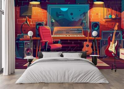 The cartoon illustration shows a recording studio booth with a sound producer's workstation and an armchair, with guitar, speaker, headphones and a pro synthesizer on the table. Wall mural