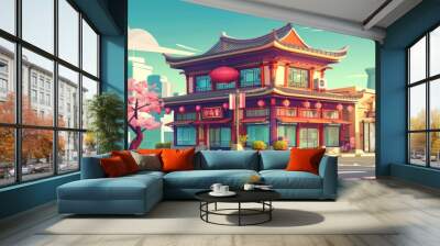 The Chinese restaurant is on a cartoon illustration of a town street. The exterior of a Japanese house with a lantern is pictured nearby a cherry tree scene. Skyscrapers are seen from the top of a Wall mural