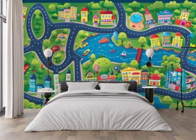 The cityscape includes police station, school, fire station, hospital, shop, gas station, and a school. Children's play mat. Modern cartoon city car track. Wall mural