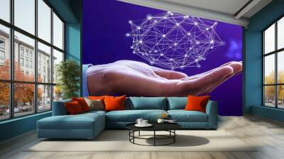 The concept of metaverse technology. Woman holding global network connection. The concept of internet communication and wireless connections. Polygonal futuristic technology. Wall mural