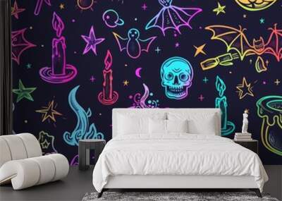 The elements of witchcraft are illustrated in a bright cartoon style. Wall mural