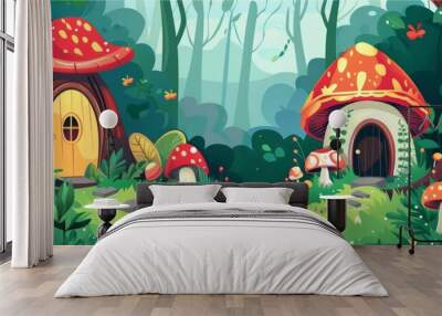 The fantasy fairy tale village and house are done in a summer forest scene. Cute gnome mushroom cottage. Hobbit hut building in the forest. Old medieval small dwarf home with a window. Wall mural