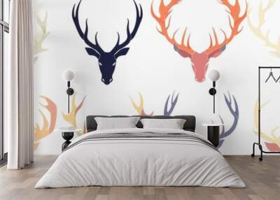 The horn of an argali sheep, an ibex, an african buffalo, a stag, and a reindeer are isolated on a white background. A flat design icon is shown on top. Wall mural