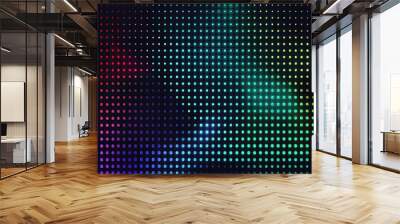 The led wall video screen has a green, blue, and red dot pattern on a black background. The background for the display has a grid pattern of pixels with a mesh of LEDs in it. Wall mural