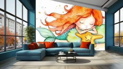 The Little Mermaid character cartoon watercolor illustration is an orange and pink colored illustration of a girl hugging a starfish pillow, isolated on white texture watercolor paper. Wall mural