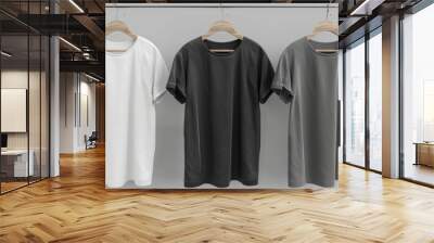 The male T-shirt mock-up is a black and white color scheme with short sleeves on wooden hangers. Blank apparel design for men, sportswear, casual clothing isolated realistic 3d modern mock-up. Wall mural