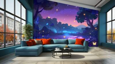 The night magic forest with glowing fireflies and butterflies over a mystic purple pond under trees, a wood landscape with moonlight falling on the water surface, a landscape at midnight, is Wall mural