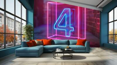 The number four is made of pink blue neon, while the digital symbol inside the square box glows in ultraviolet light in a 3D render Wall mural