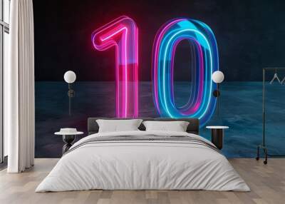 The number ten illuminated in the dark with pink and blue neon lights. Digital symbol 10. Wall mural