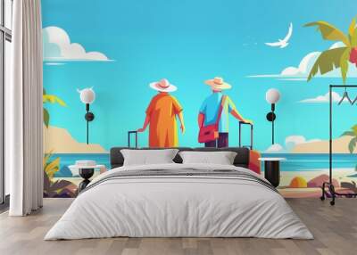 The old couple travel on vacation to the beach with a suitcase. The elderly couple on vacation at an ocean resort with a bag, sunglasses, and hat. Wall mural